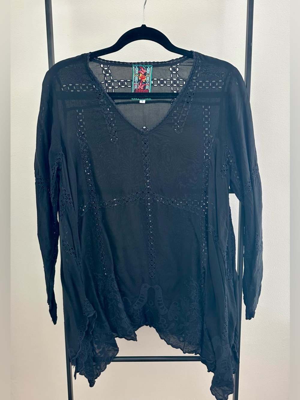 Johnny Was Black Embroidered V-Neck Tunic Top